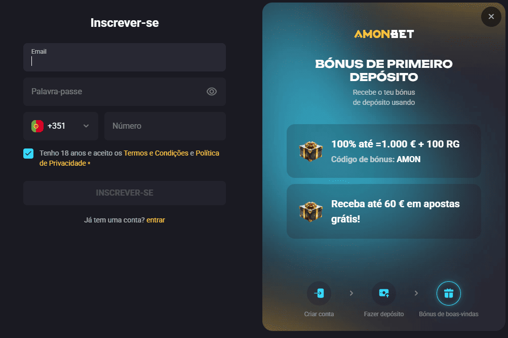 Registo rápido e fácil na Amon Bet