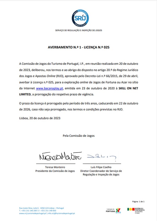 Licença do Online Casino BacanaPlay Certificado de Licença SRIJ do BacanaPlay Casino Online