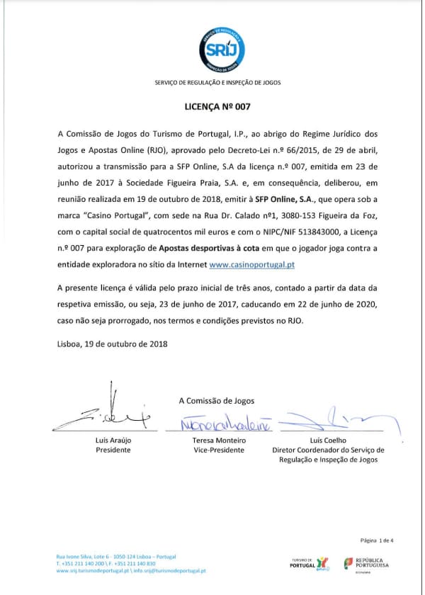 Licença do Online CasinoPortugal Certificado de Licença SRIJ do CasinoPortugal Online