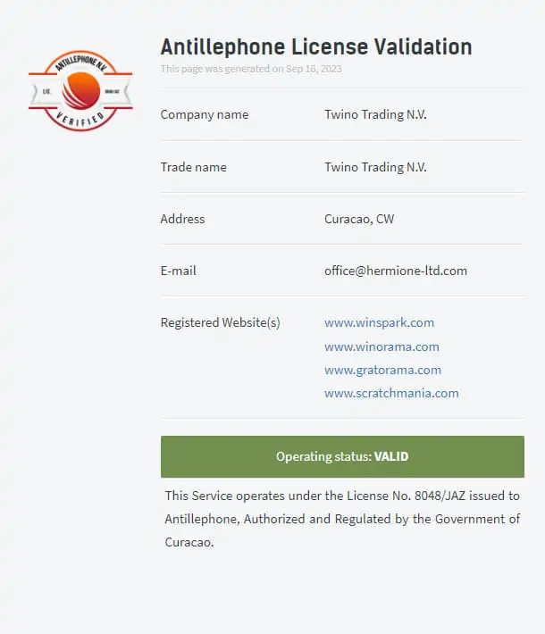 Certificado de Licença de Curaçao do Winspark Casino Online
